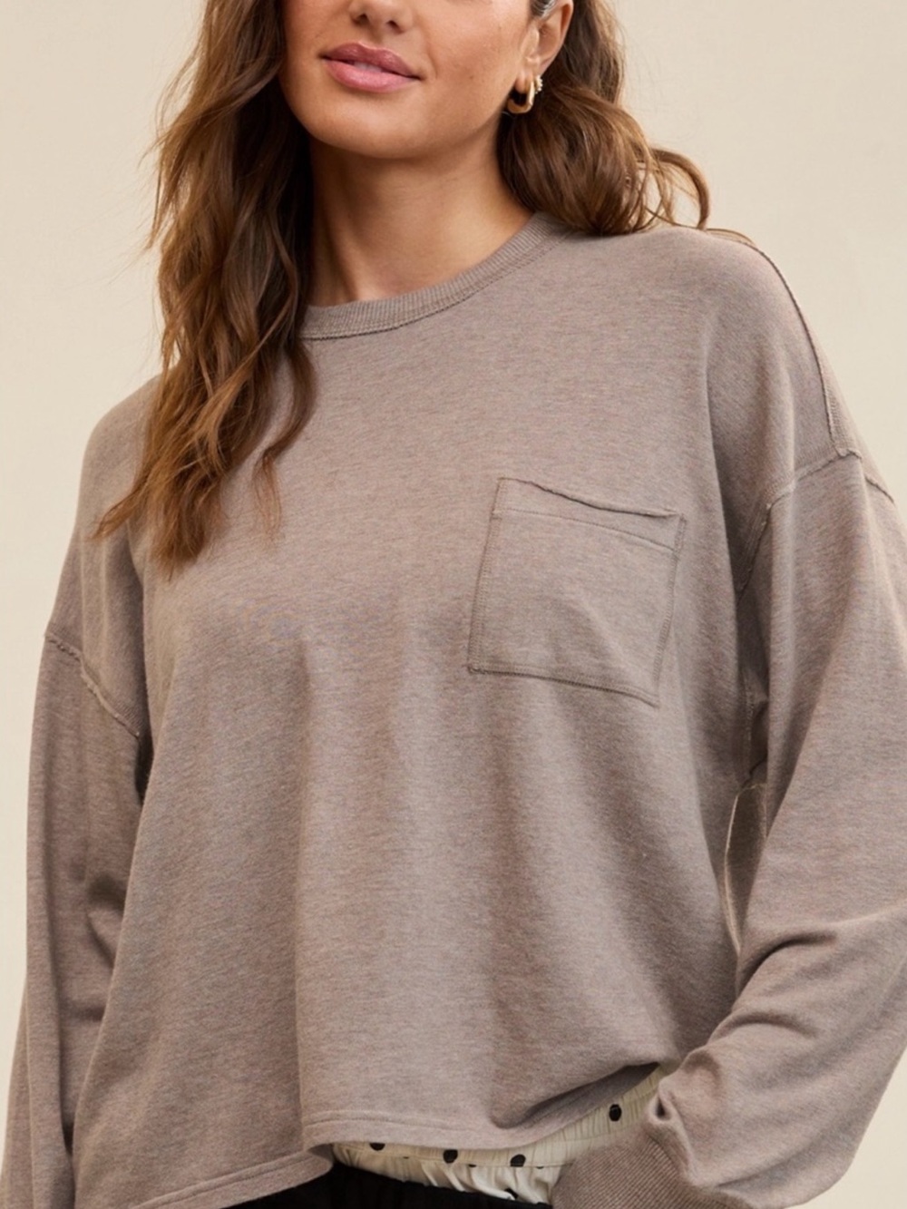 Aerie Happy Snit Pocket Long Sleeve T-Shirt in Heathered Taupe (Size XS)